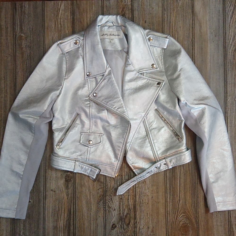 Sebby Collection Silver Metallic Moto Faux Leather Jacket Coat